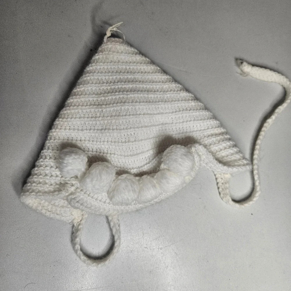Handmade White Crochet Pixie Baby Bonnet with Pom Poms and Chin Straps